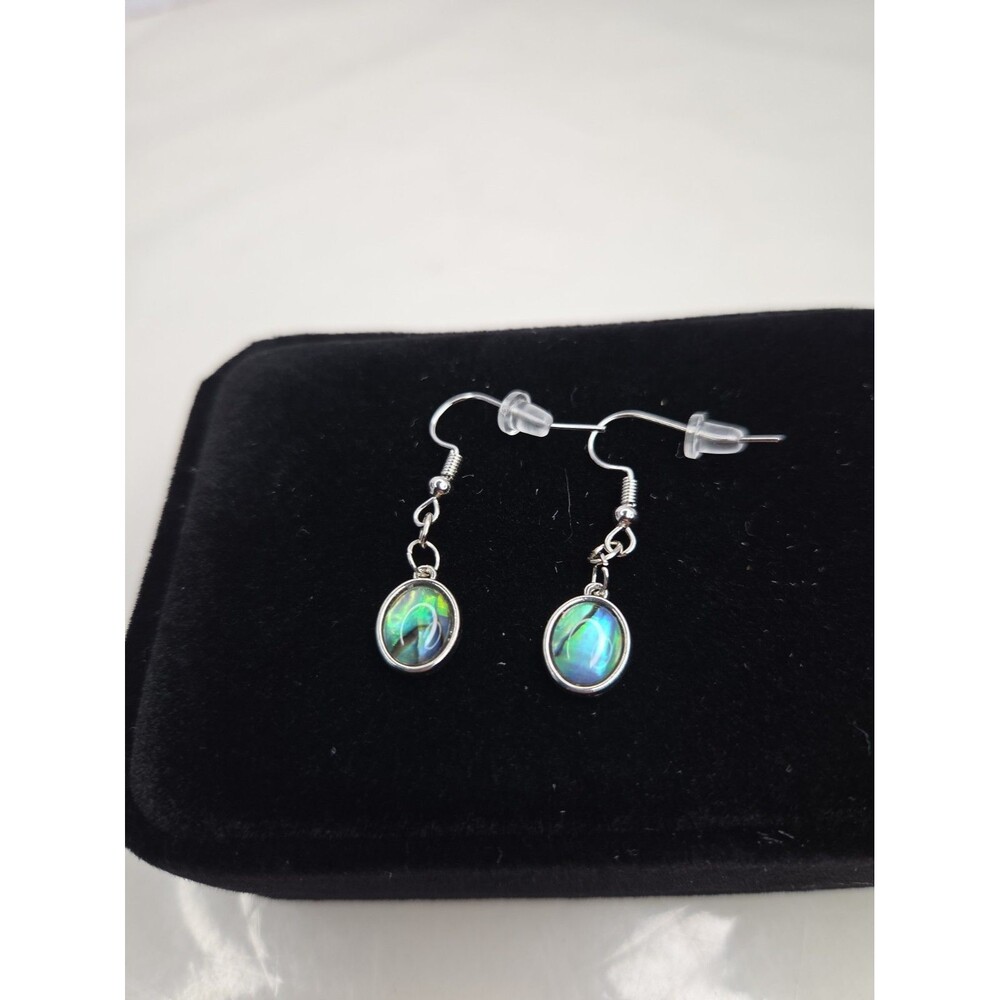 Abalone Shell Oval Dangle Earrings Silver Tone Fish Hook Green Blue Iridescent